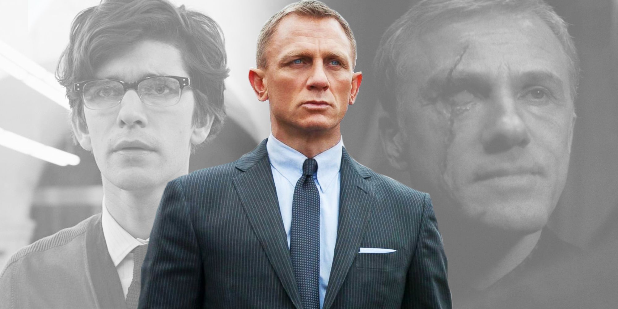 Daniel Craig as James Bond in front of Ben Whishaw as Q and Christoph Waltz as Blofeld