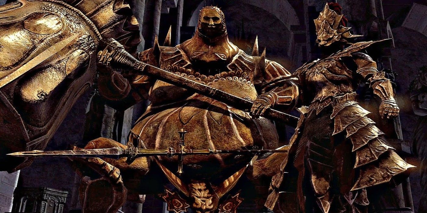 Executioner Smough e Dragon Slayer Ornstein em sua luta contra o chefe de Dark Souls.
