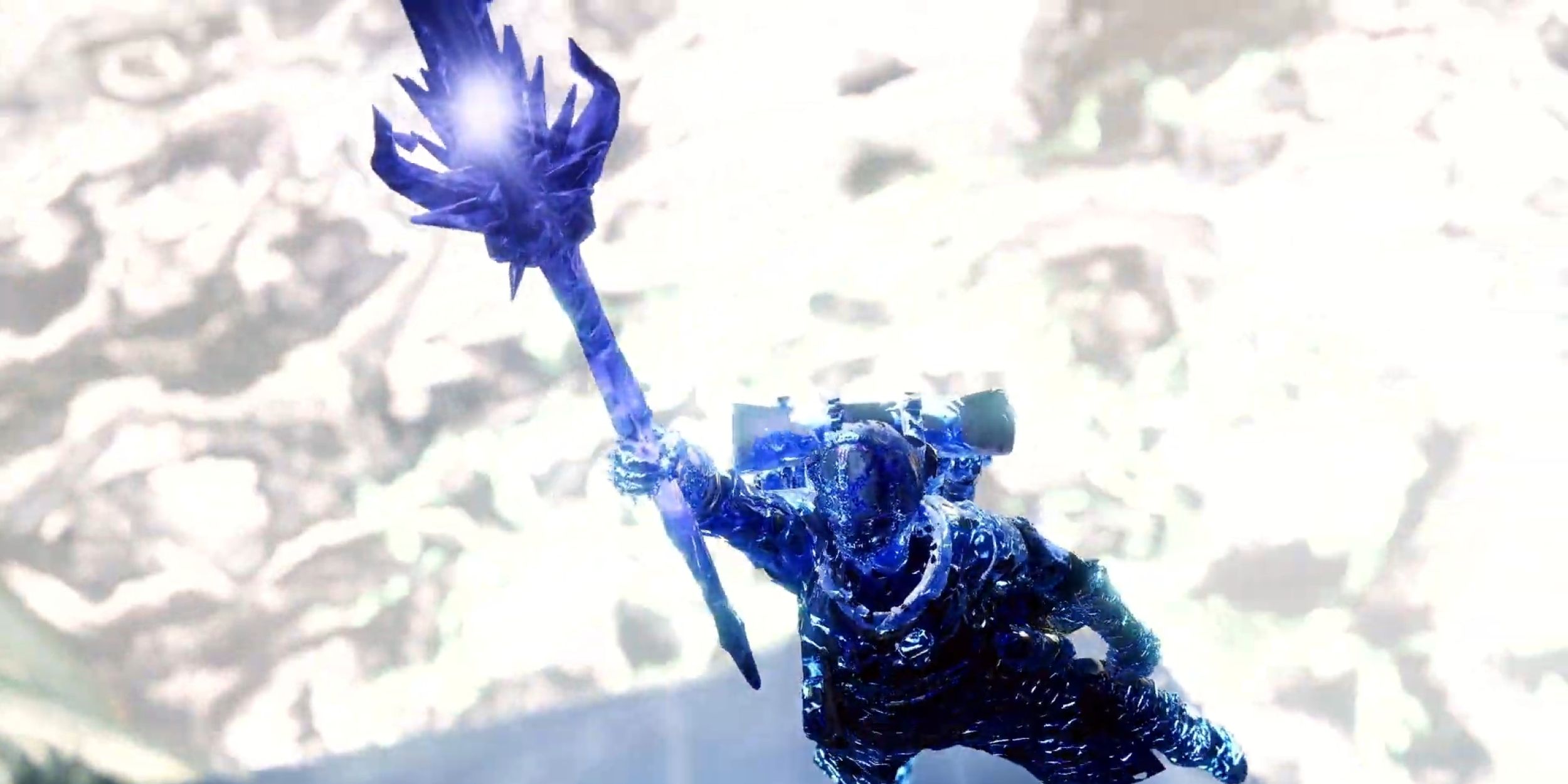 Destiny 2 Warlock Holds Ice Staff above his head.