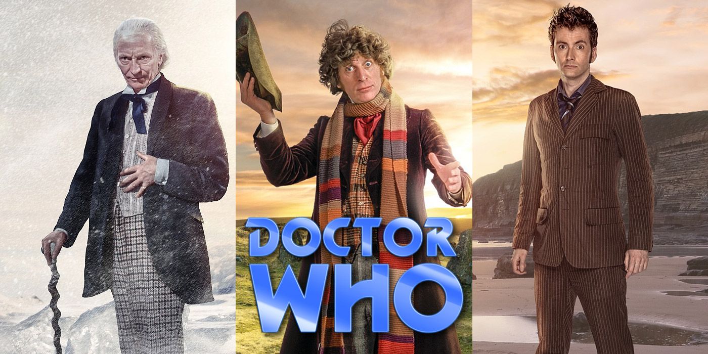 Split image of William Hartnell, Tom Baker and David Tennant from Doctor Who