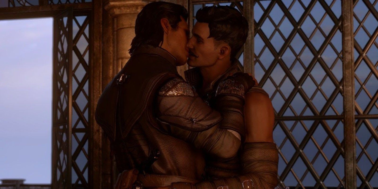 Dorian and the Inquisitor about to kiss in Dragon Age: Inquisition.
