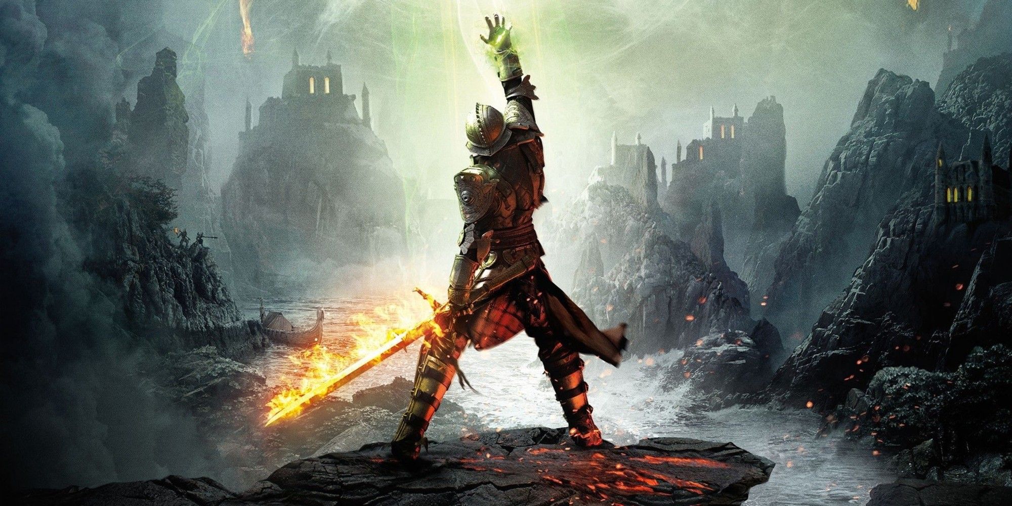 O Inquisidor segurando uma espada flamejante e alcançando o céu em Dragon Age Inquisition Inquisitor Cover