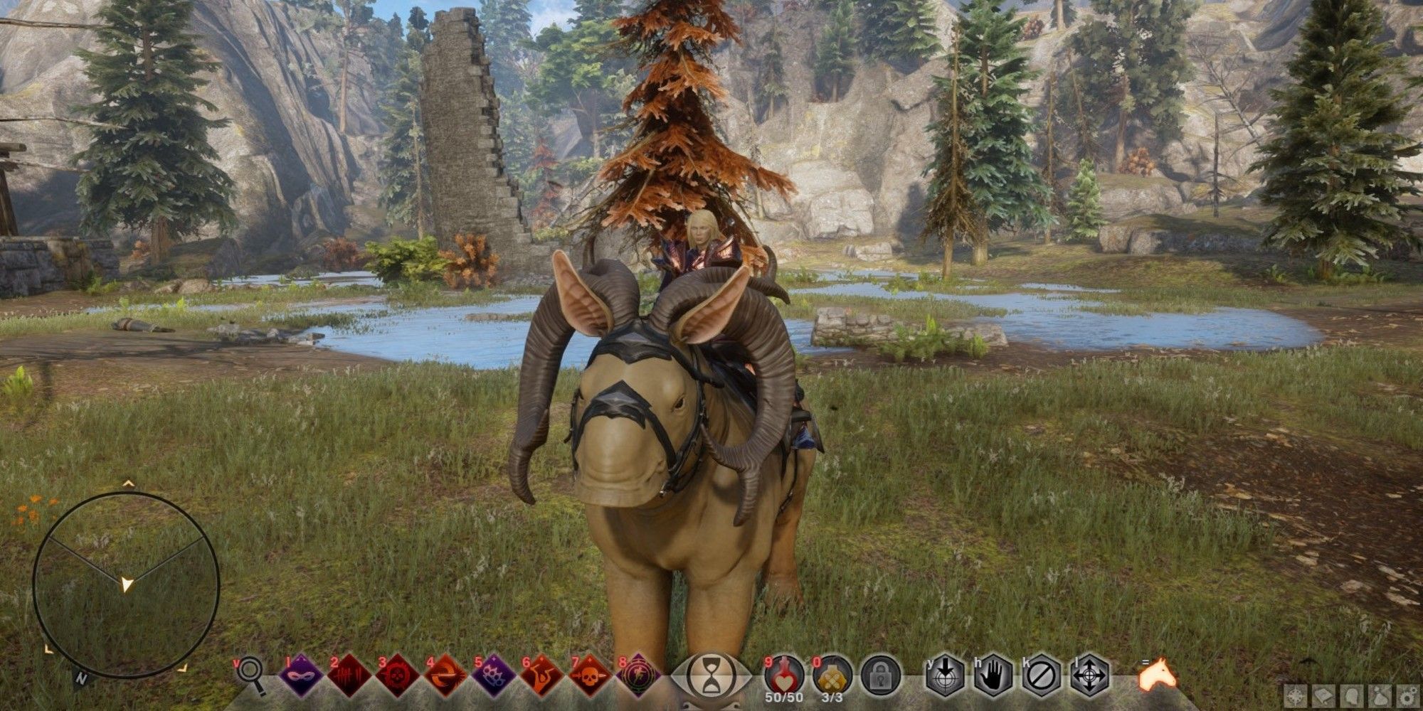 A player rides a Nuggalope mount through the Hinterlands in Dragon Age: Inquisition