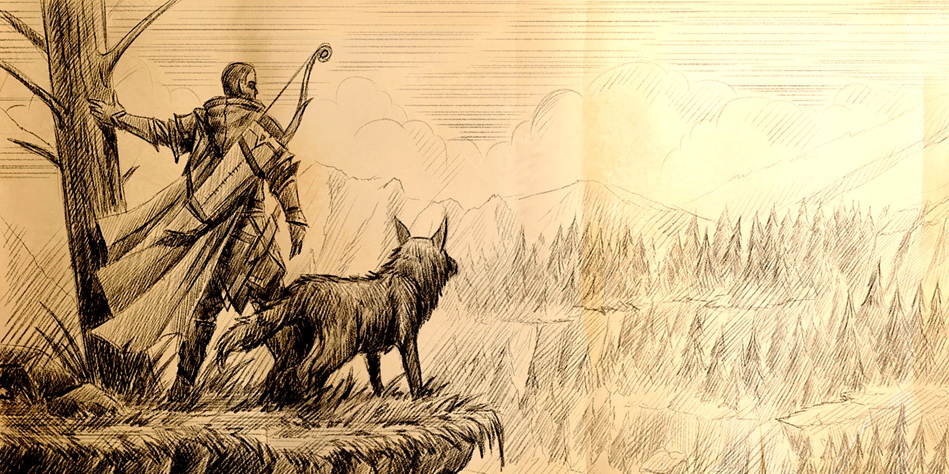 A sketch from Pathfinder: Kingmaker showing a character and a dog on the edge of a cliff, overlooking a forest below.