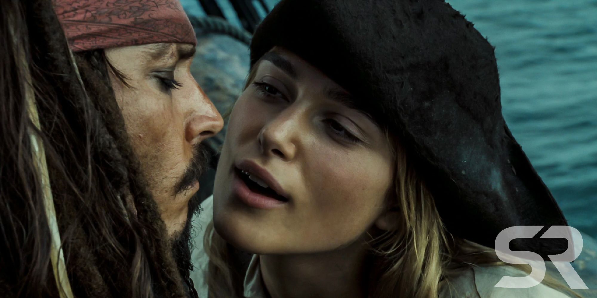 Elizabeth Swan and Jack Sparrow in Pirates of the Carribean Dead Mans Chest