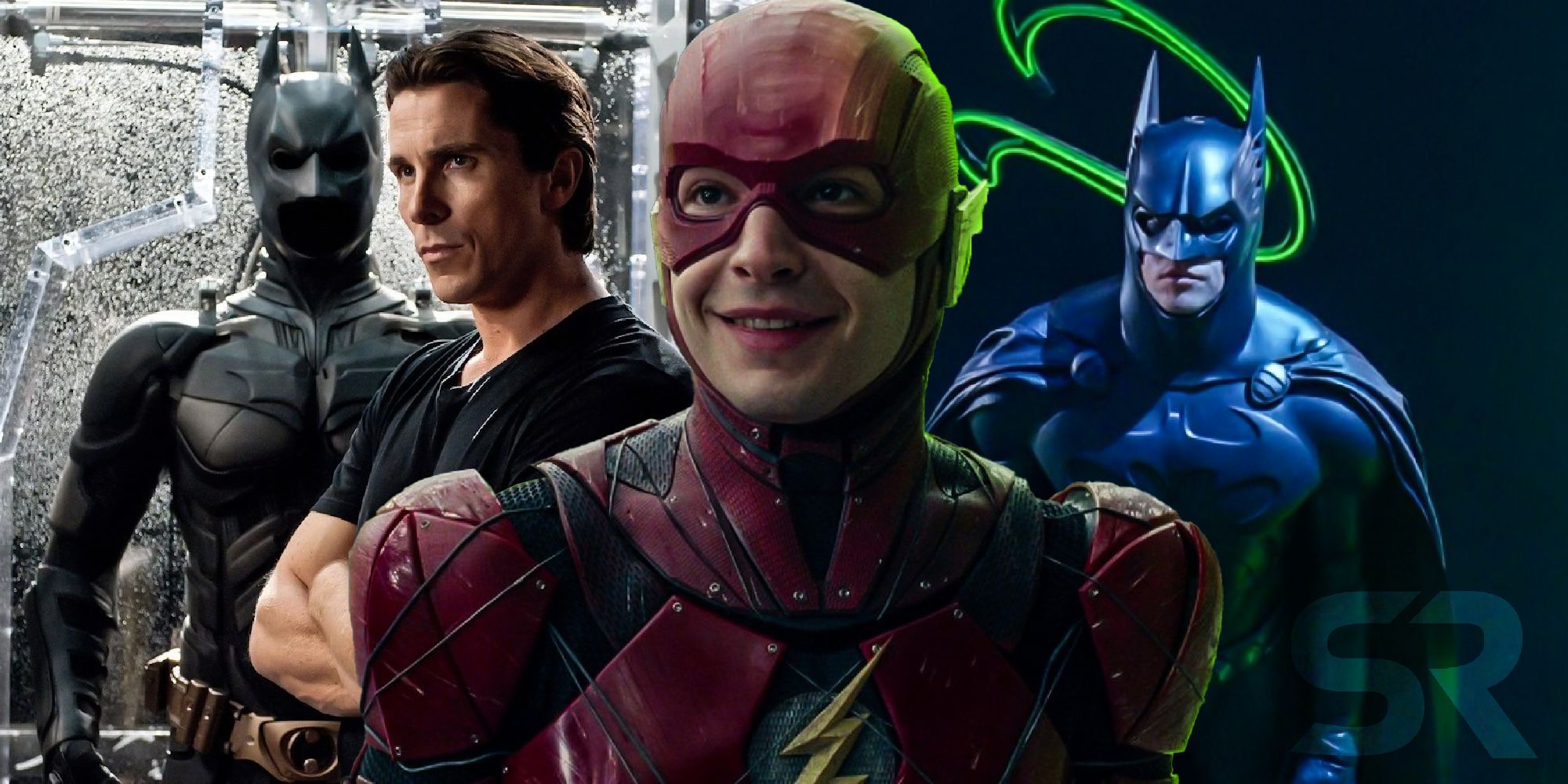 Ezra Miller as the Flash in Justice League, Val Kilmer as Batman and Christian Bale as Batman