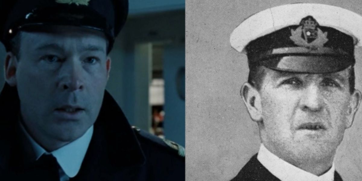 Split image of Ewan Stewart beside the real William Murdoch from Titanic