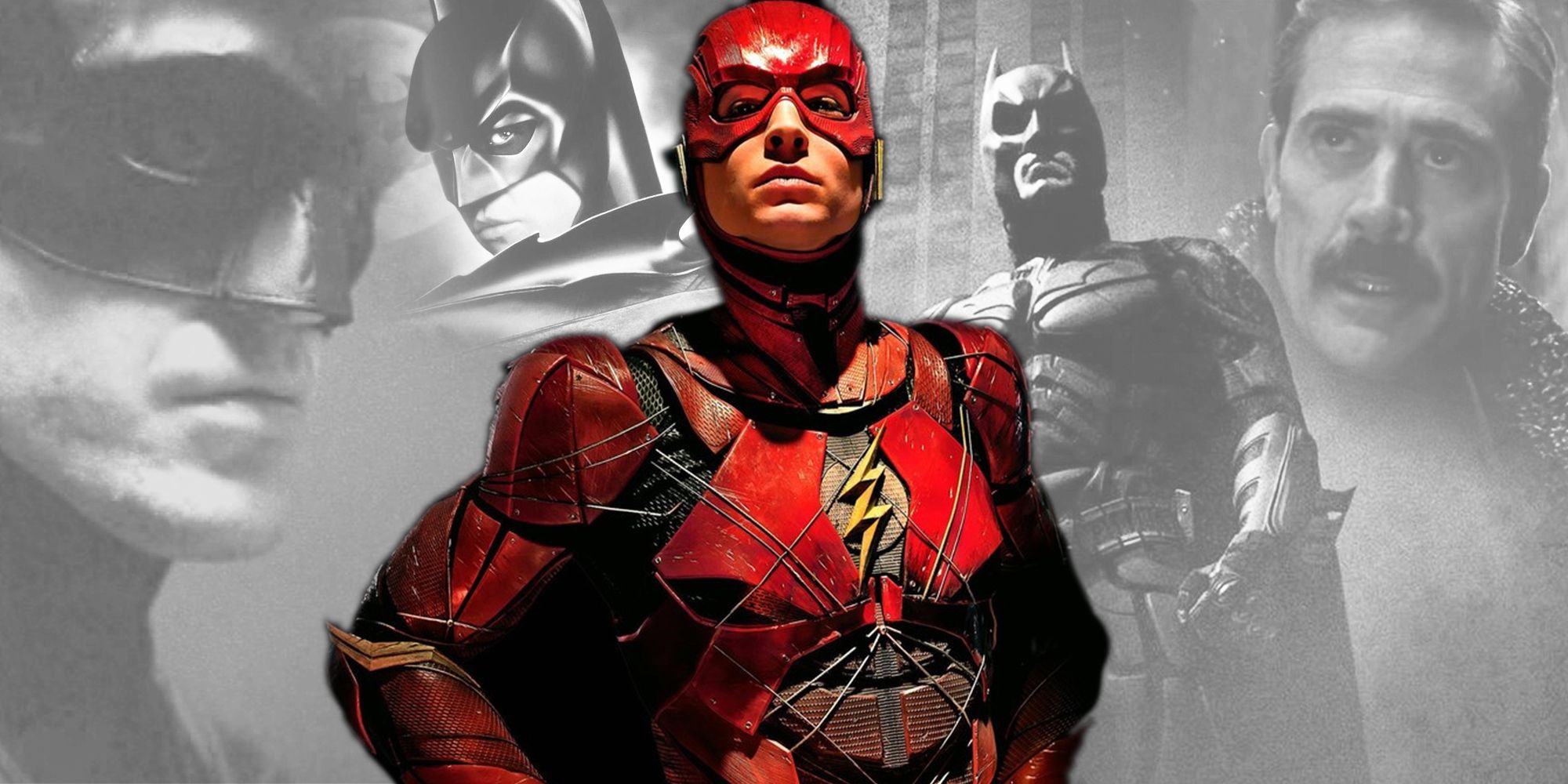Ezra Miller&rsquo;s Flash stands in front of Batman actors