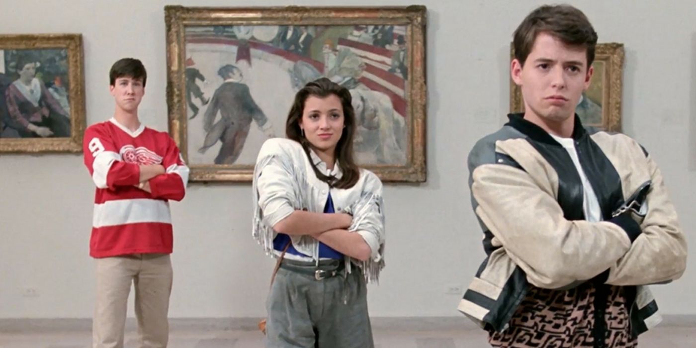 Cjaracters from Ferris Beuller&rsquo;s Day Off standing in a mueseum