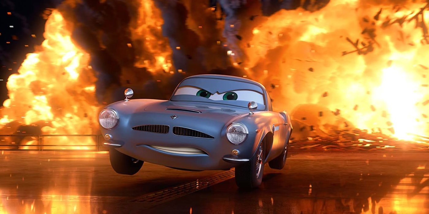 Finn narrowly escaping an explosion in Cars 2
