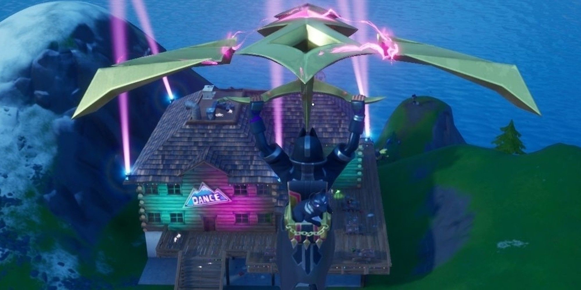 A player glides down to the Apres Ski Lodge in Fortnite