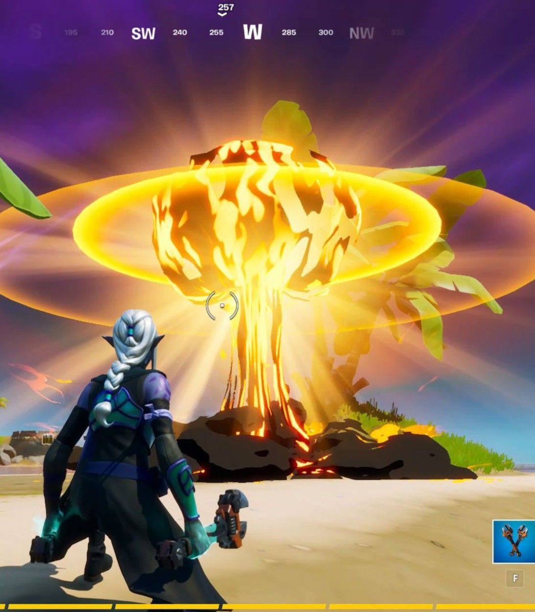 A player helps the Coral Buddies enter the nuclear age in a Fortnite Season 3 secret challenge.