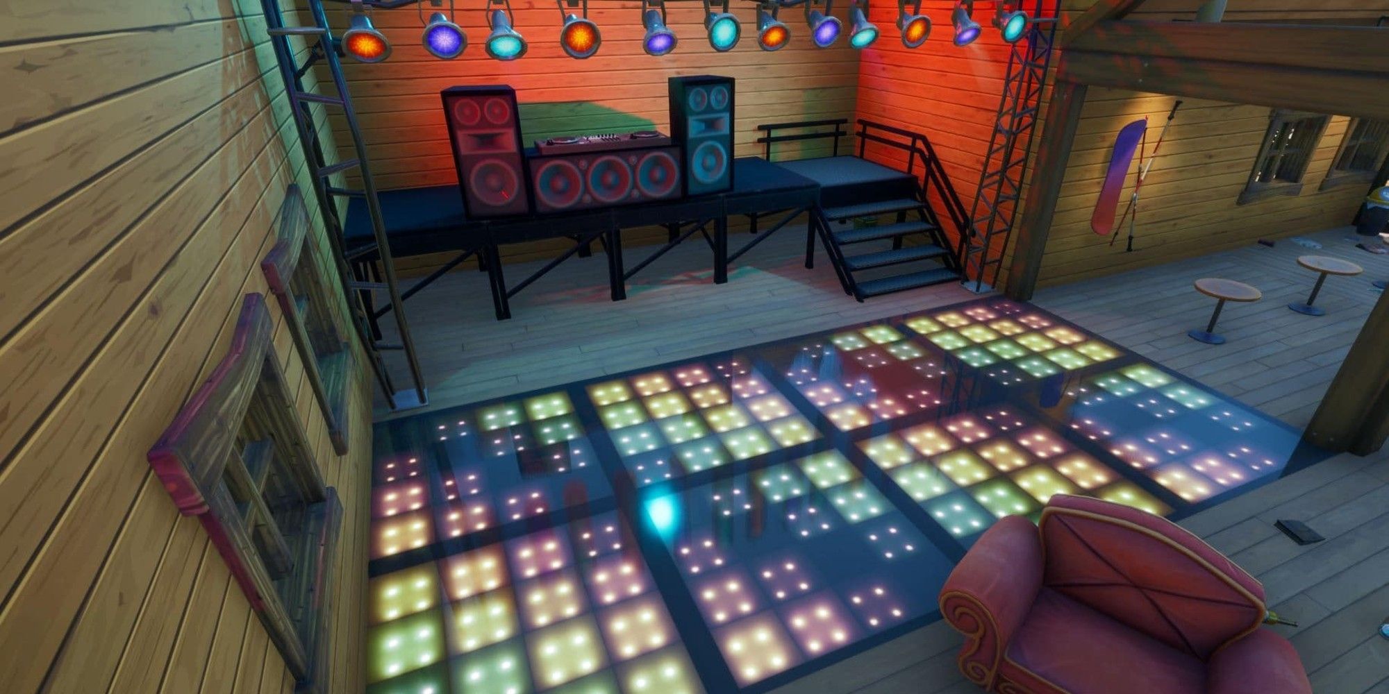 The dance floor in the back of Apres Ski Lodge in Fortnite Season 3