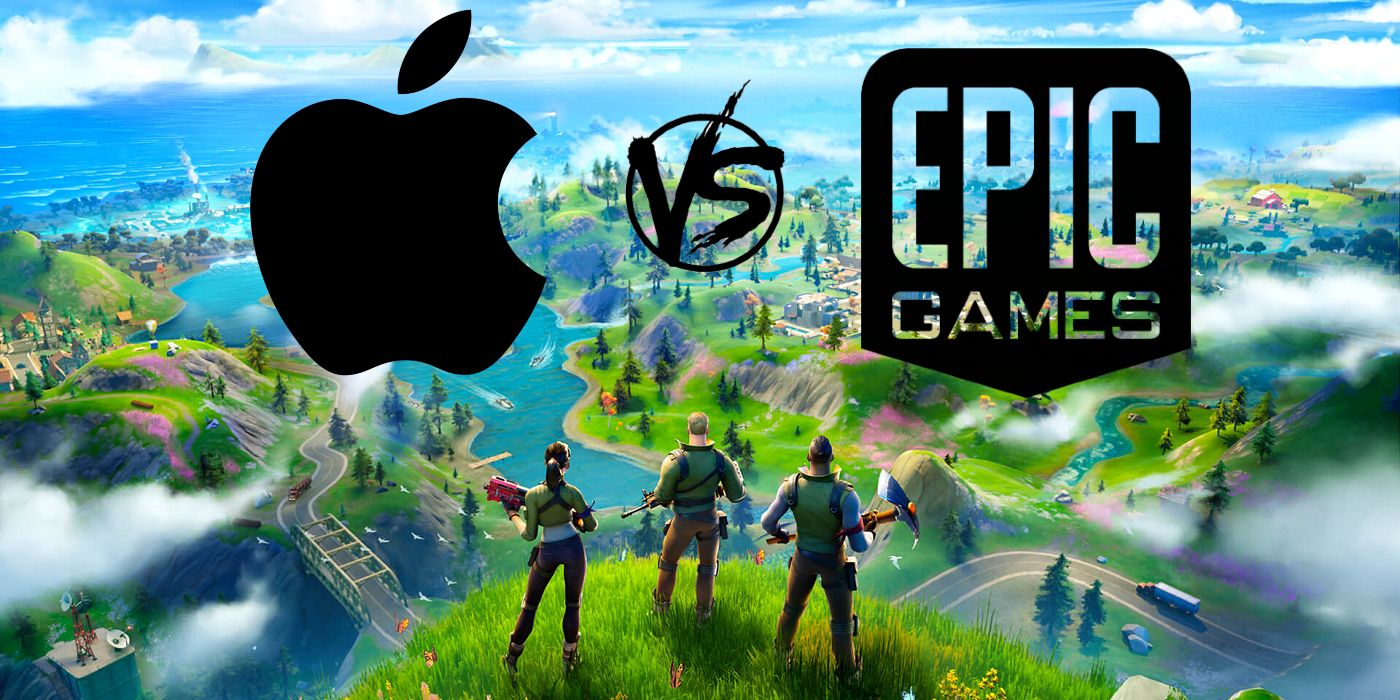 The Epic Games and Apple logos on top of a screenshot from Fortnite.