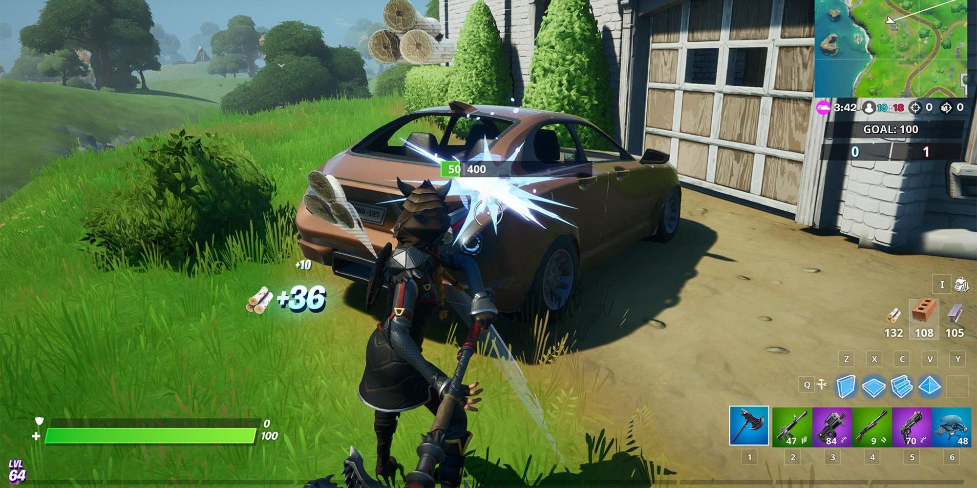 A player gathers Wood from a wood car at Holly Hedges in Fortnite Season 3
