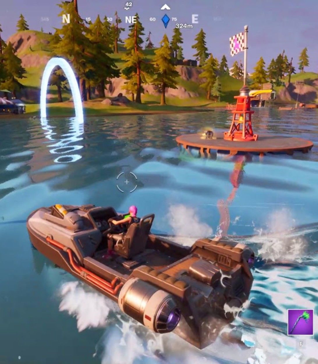 A player completes a Time Trial lap at Motorboat Mayhem in Fortnite Season 3