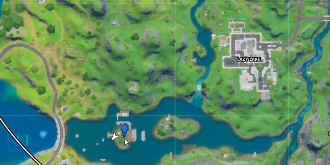 The location of Motorboat Mayhem on the Fortnite Season 3 Map, southwest of Lazy Lake