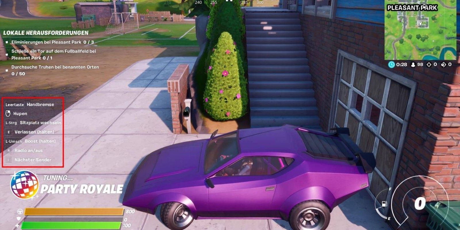A player turns the station to Party Royale in the car in Fortnite Season 3