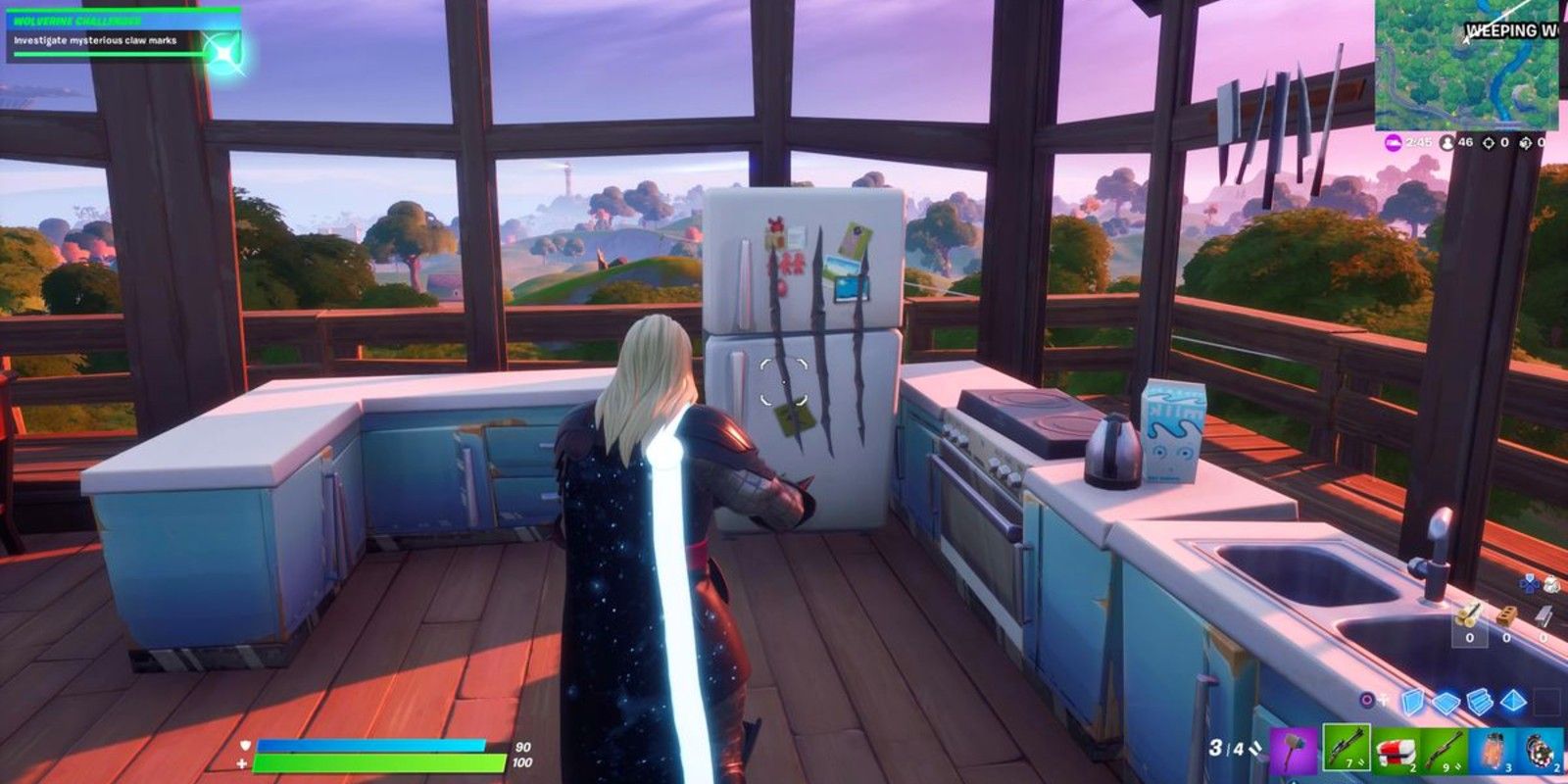 A player equipped with the new Thor skin finds a set of claw marks on the fridge at the top of the Ranger's Tower in Fortnite Season 4 as part of the Wolverine challenge