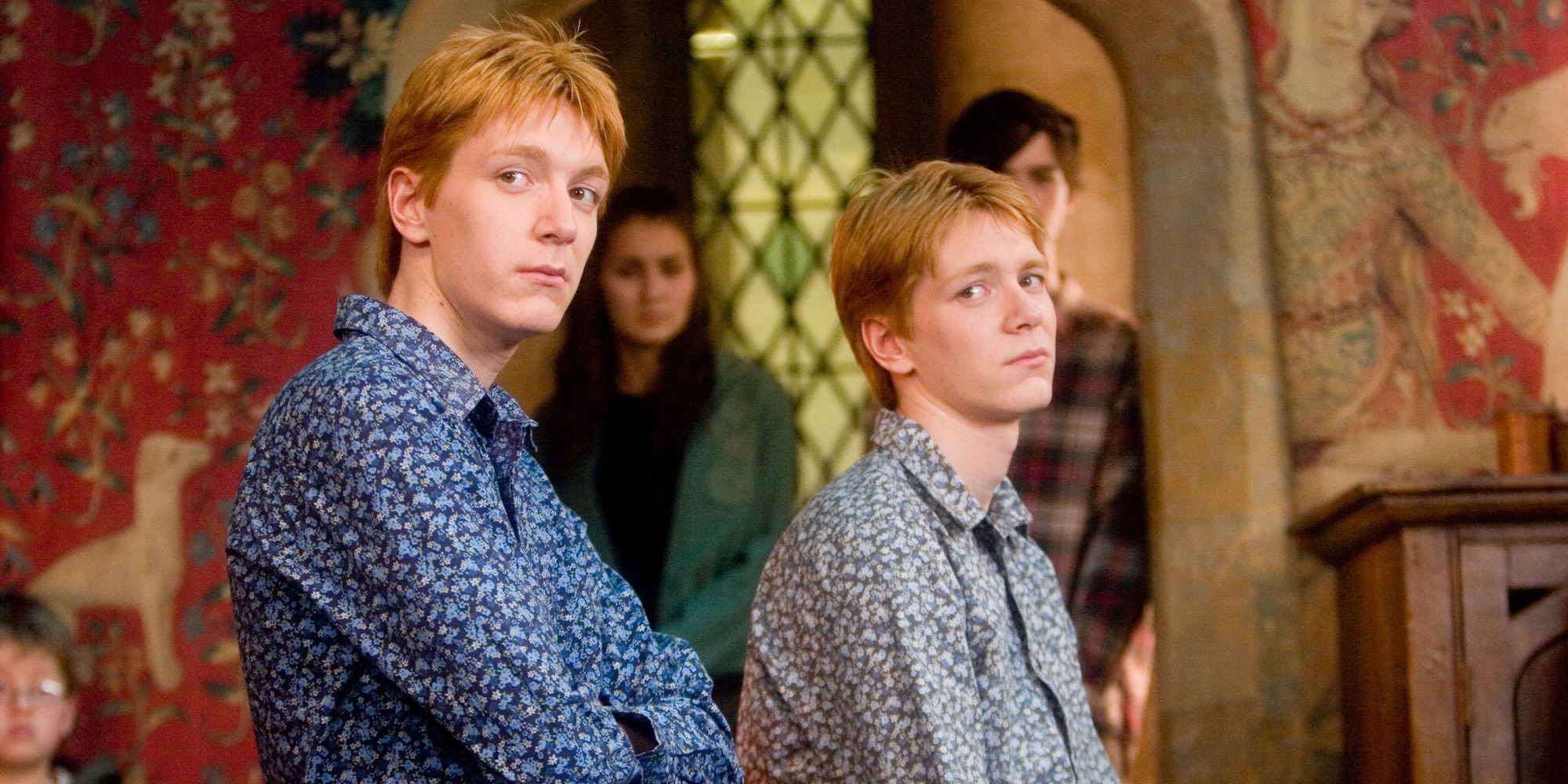 Fred and George Weasley in the Gryffindor Common Room