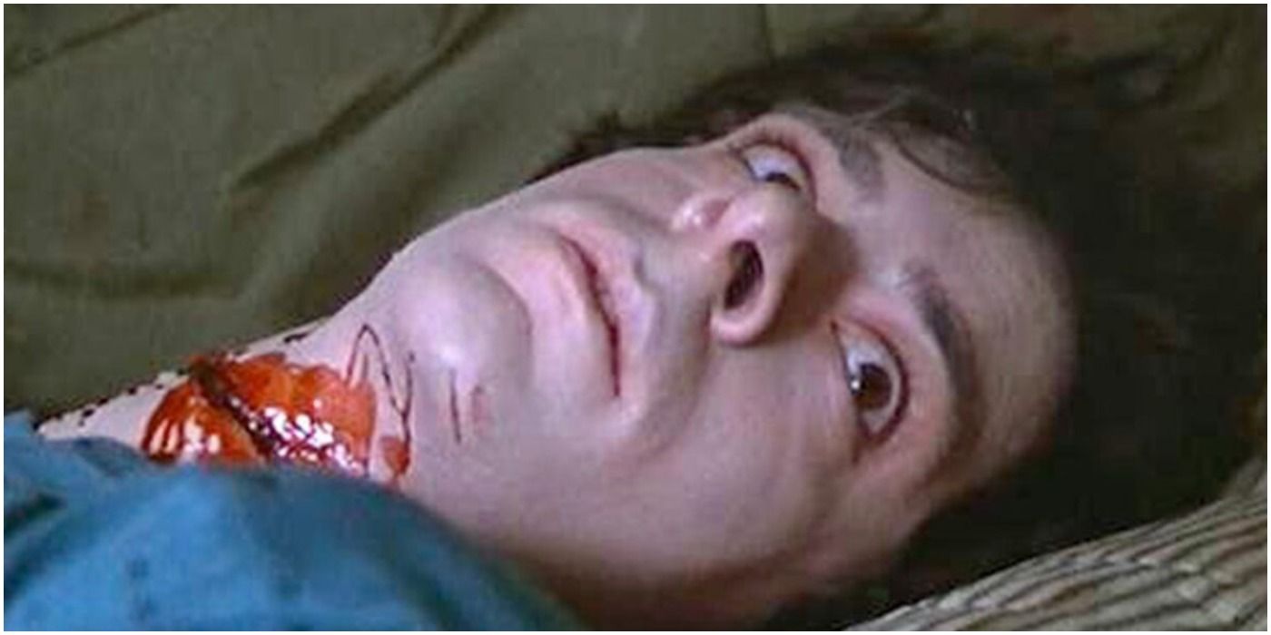 Ned (Mark Nelson) dead with his throat cut in Friday the 13th.