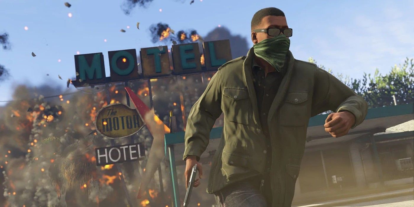 A player with a pistol running from an exploding motel in GTA Online.
