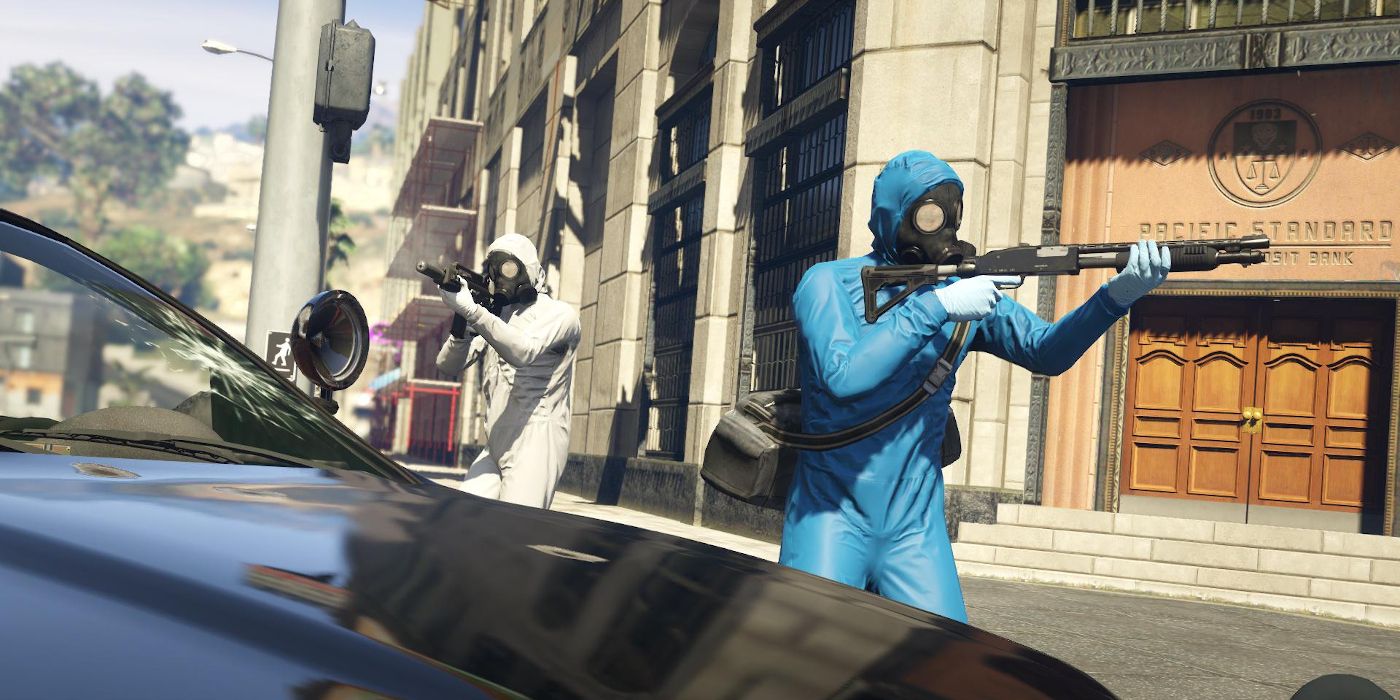 Two players wearing Hazmat suits during a heist in God of War Ragnarok