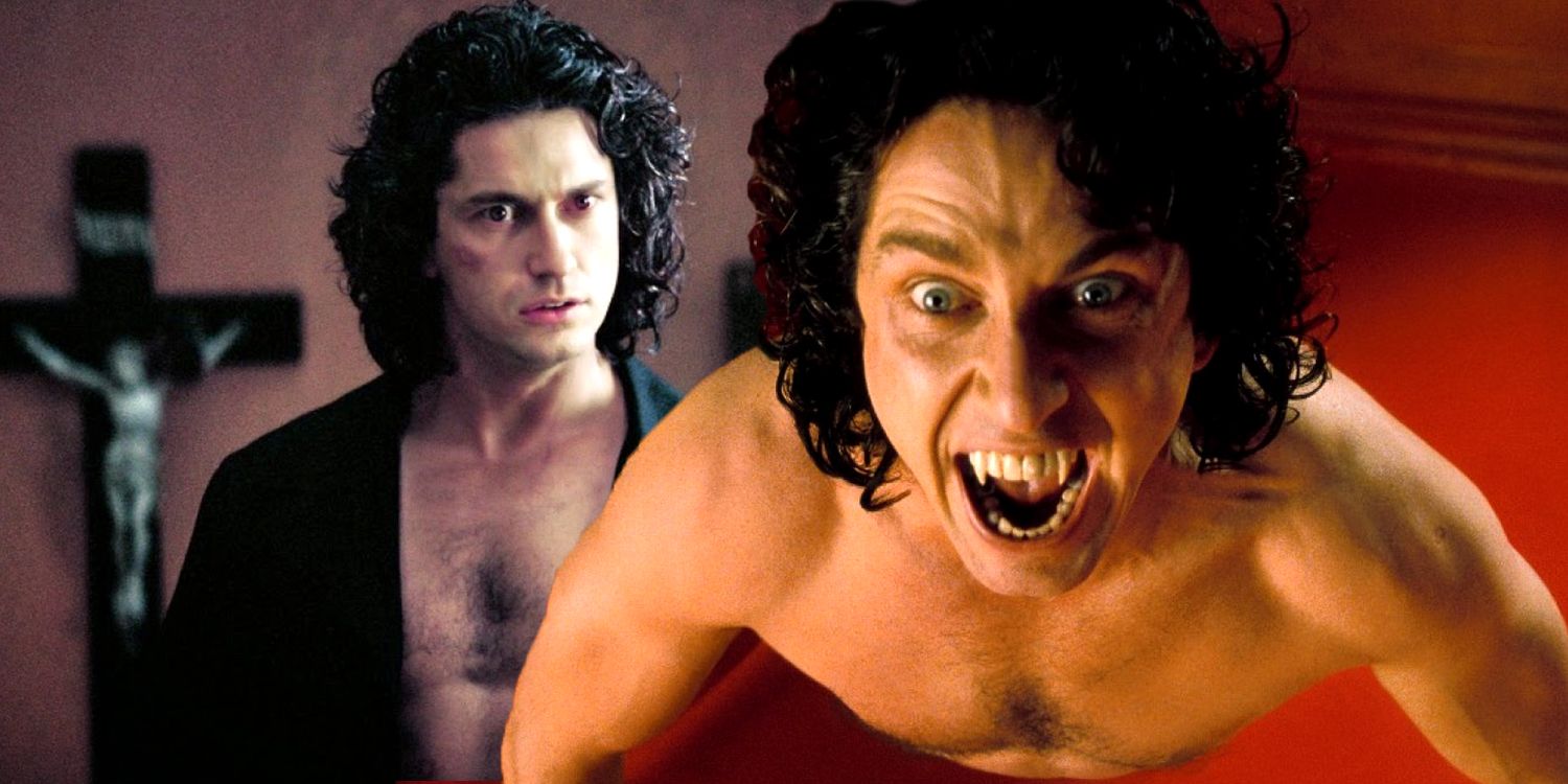 A split-image of Gerard Butler as Dracula in a robe standing in front of a cross and on the right showing his fangs on Dracula 2000