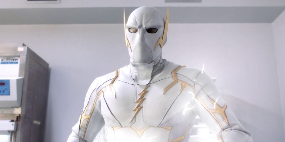 Godspeed in his white and gold costume with white lightening in the Flash