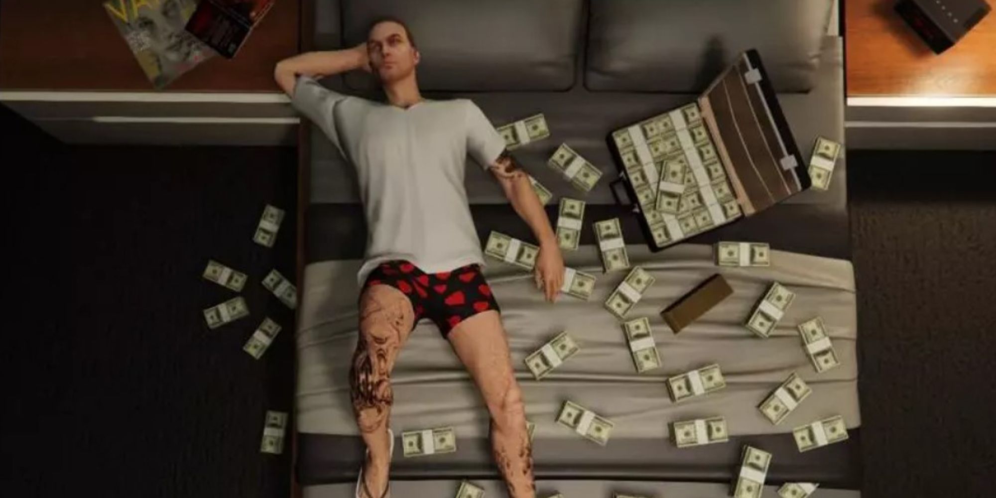 An online player lays in bed next to a case full of cash in GTA Online