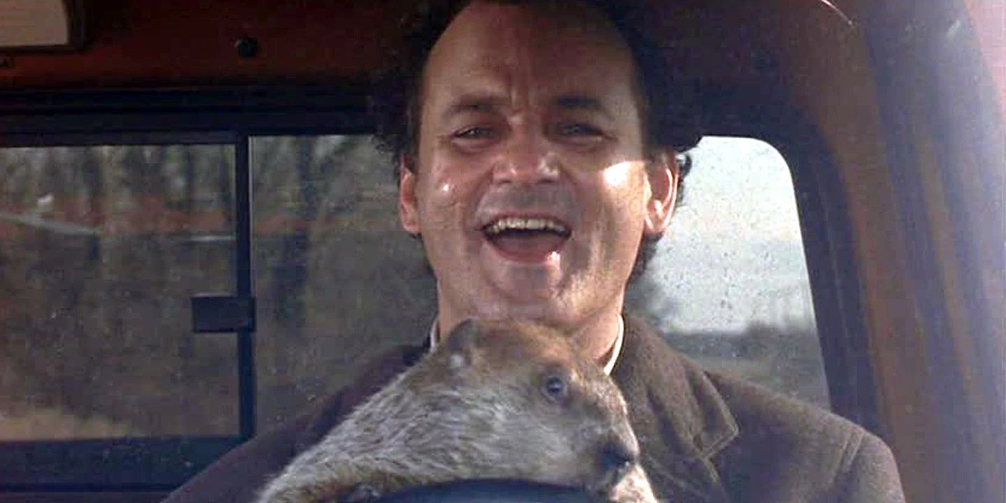 Bill Murray como Phil no Dia da Marmota sequestrando a marmota.