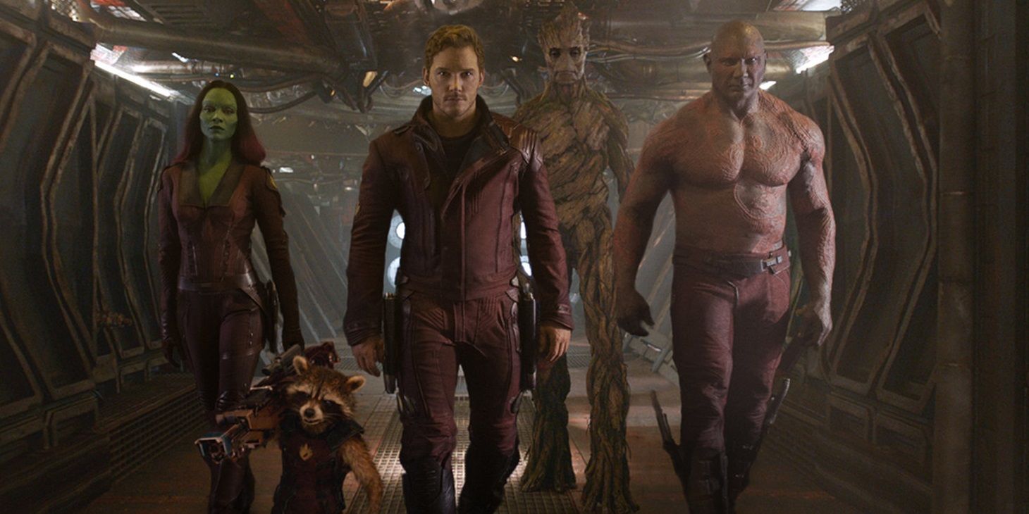 The original Guardians of the Galaxy team walking together in their first MCU movie