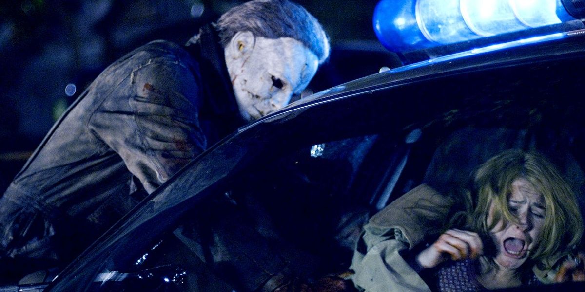 Michael Myers attacks a woman in a car in Halloween 2007