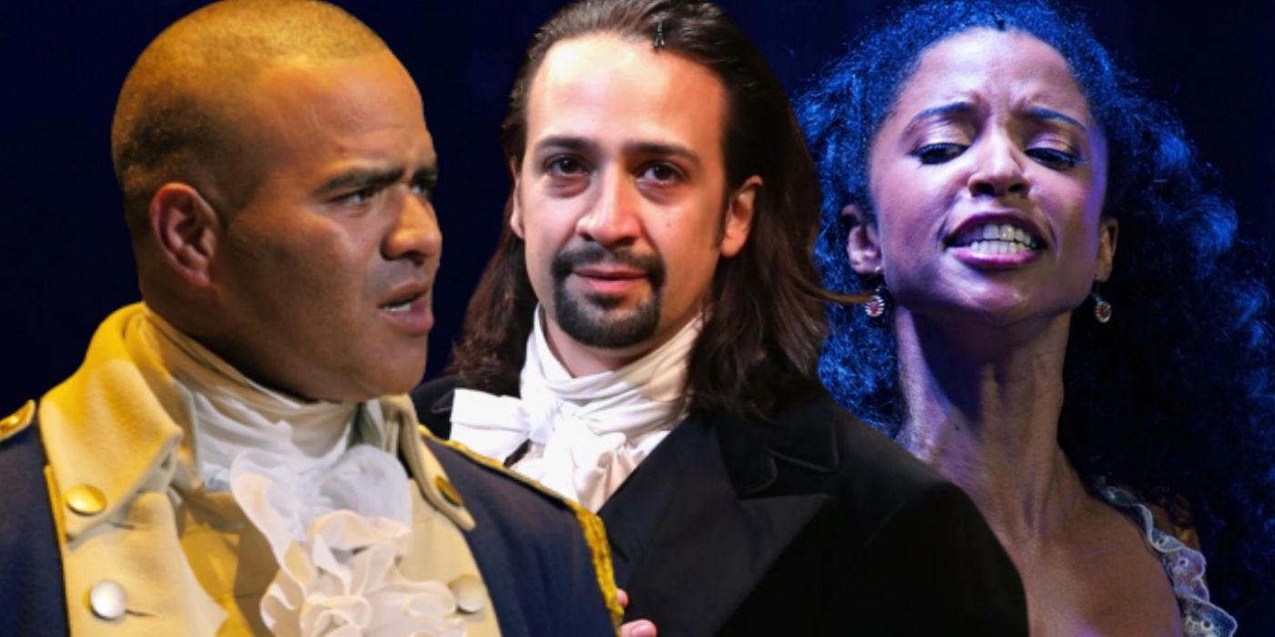 A blended image features the original cast of Hamilton on Broadway to play George Washington, Alexander Hamilton, and Angelica Schuyler