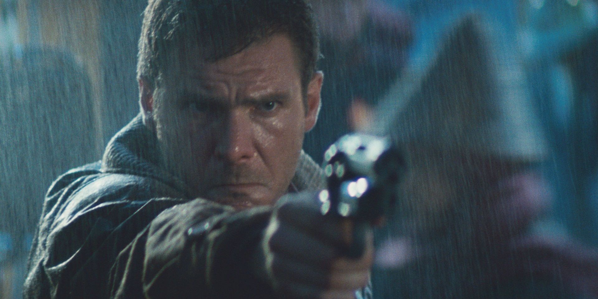 Rick Deckard points his gun at someone in Blade Runner