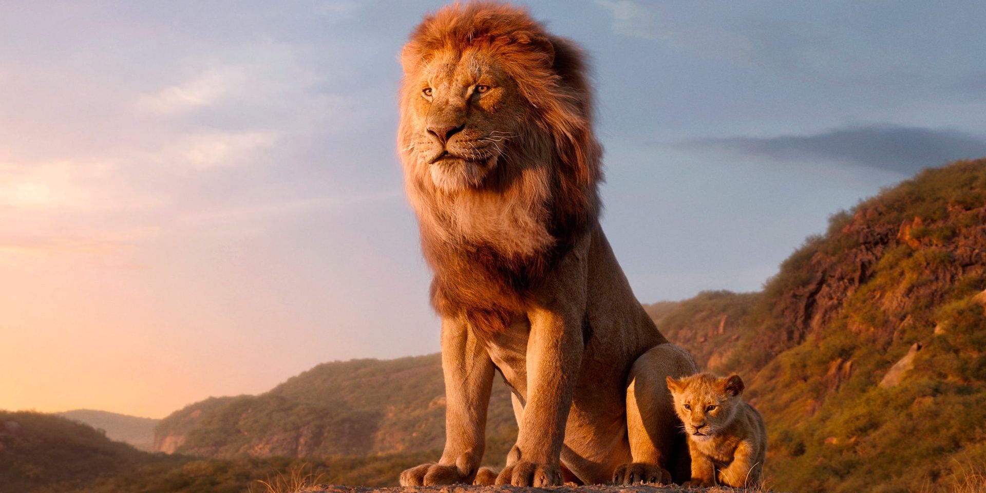Baby Simba sits on a rock next to his father in The Lion King