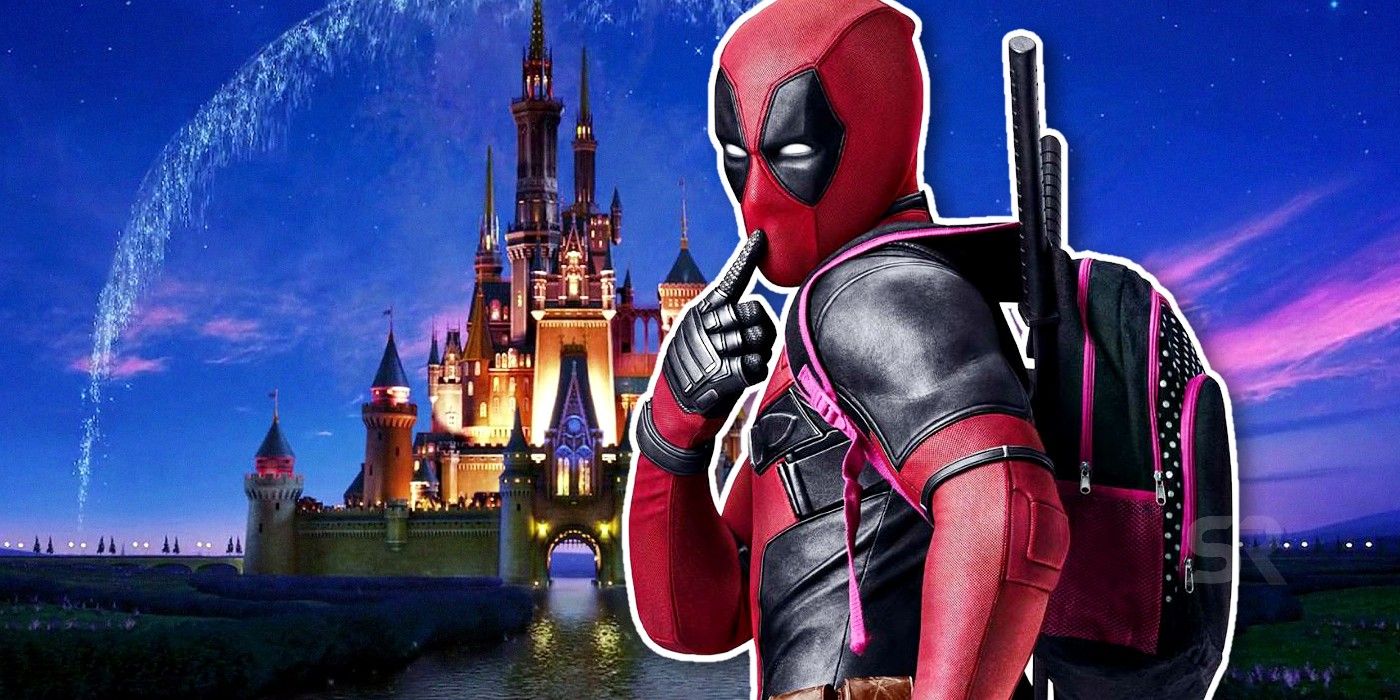 Imagen compuesta de Deadpool posando frente a un castillo de Disney