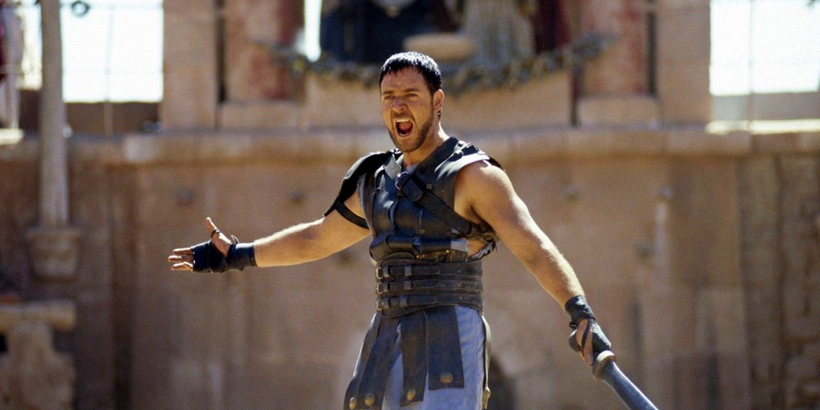 Maximus shouts across the arena in Gladiator