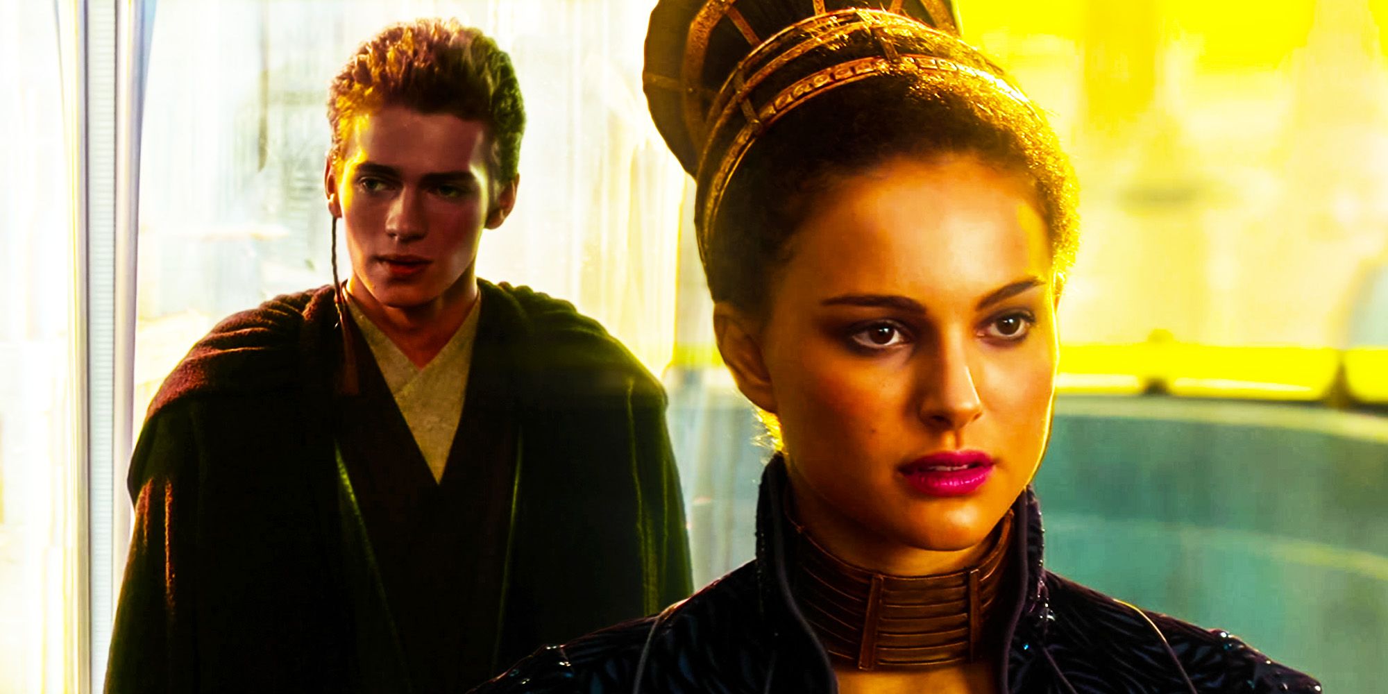 Hayden Christsen's Anakin Skywalker and Natalie Portman as Padmé Amidala in Star Wars.