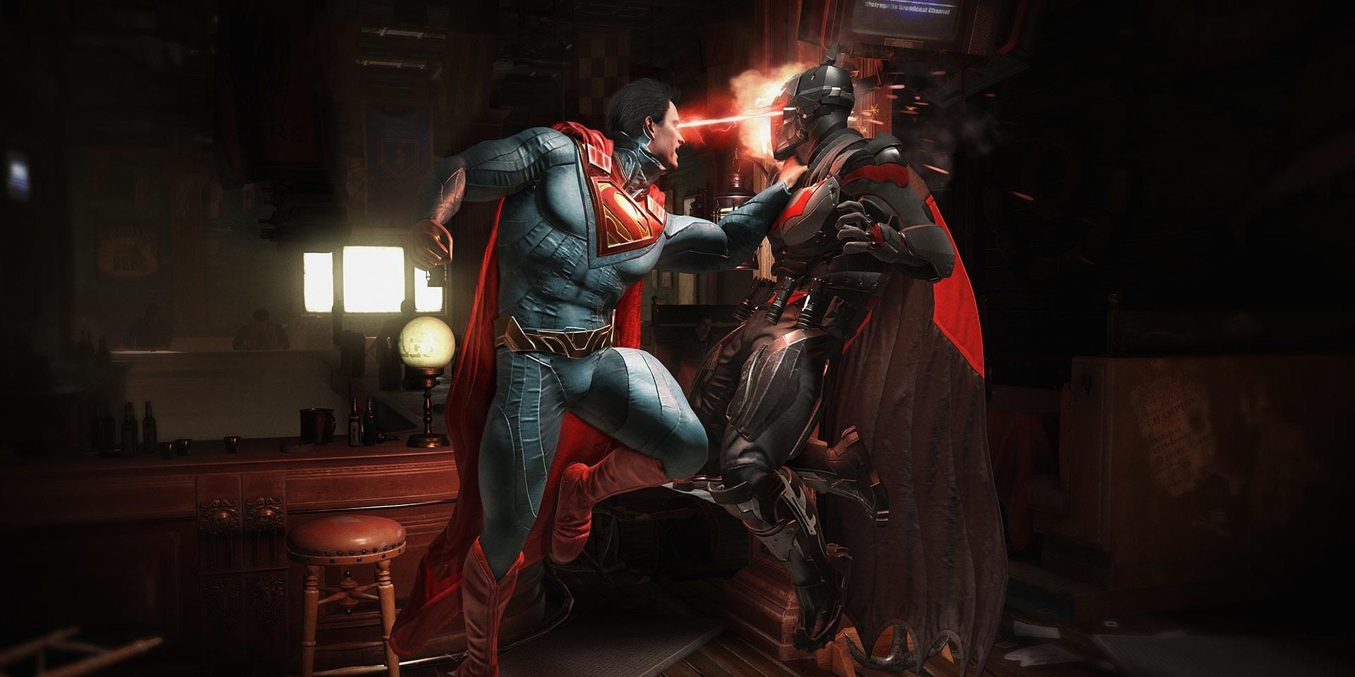 Batman and Superman fighting in the video game series Injustice.