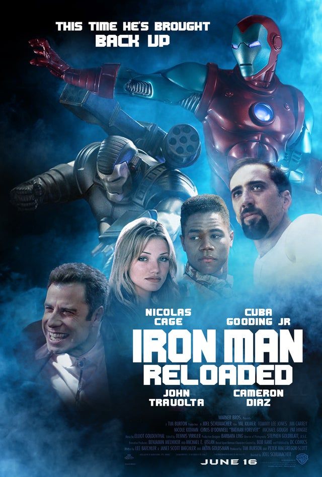 Iron Man 2 1997 Poster Pits Nic Cage Against Travolta's Justin Hammer