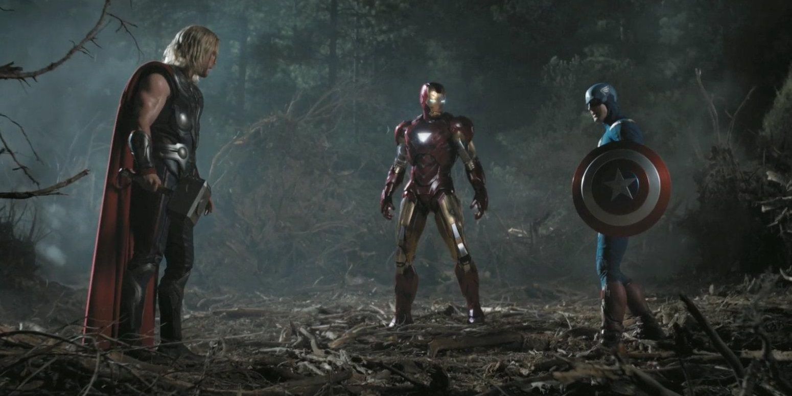 Iron Man, Cap, and Thor standing in the forest in The Avengers