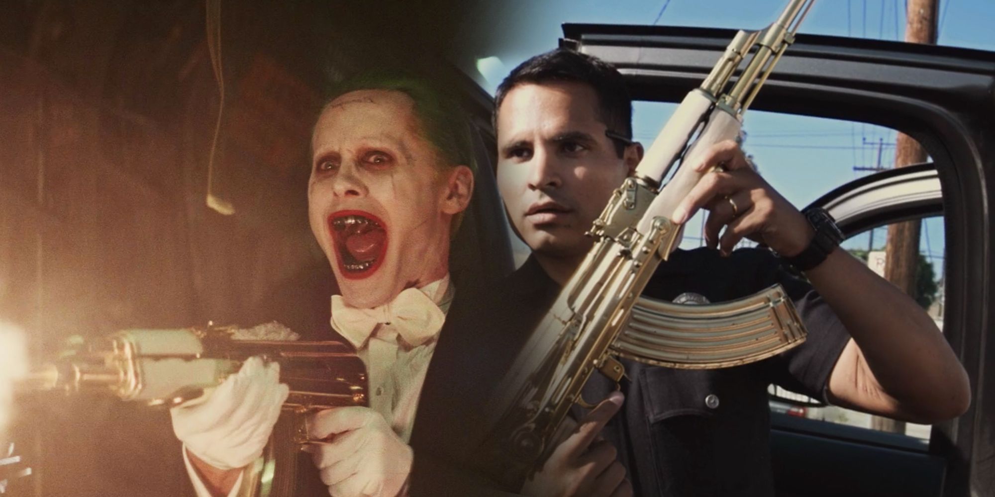 Jared Leto&#8217;s Joker with a gold AK 47 in Suicide Squad alongside Michael Peña as Officer Mike Zavala in End of Watch