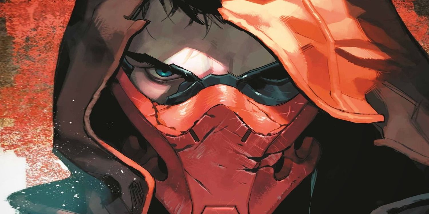 A close-up of Jason Todd in his Red Hood costume