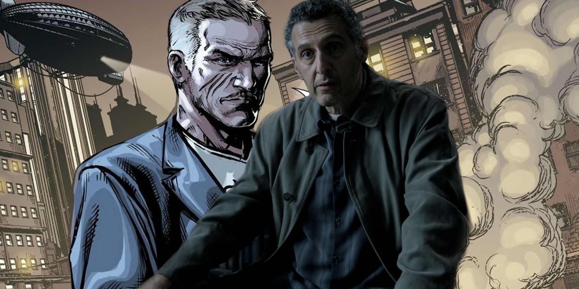 John Tuturro in front of a comic book rendition of Carmine Falcone