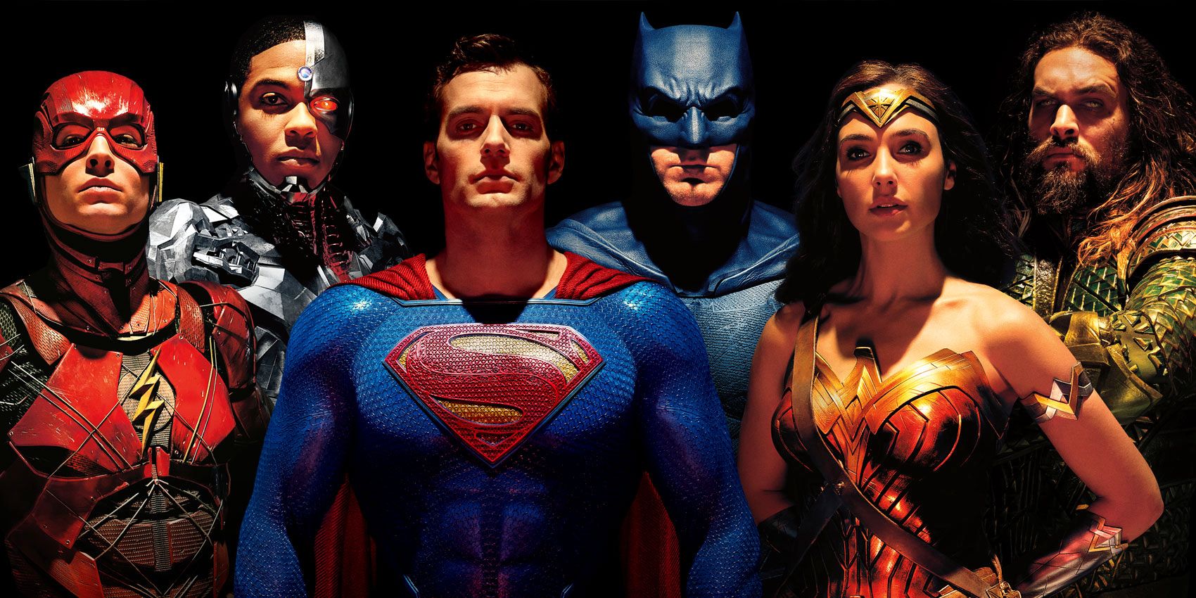 The Flash, Cyborg, Superman, Batman, Wonder Woman, and Aquaman in a promotional image for Justice League.