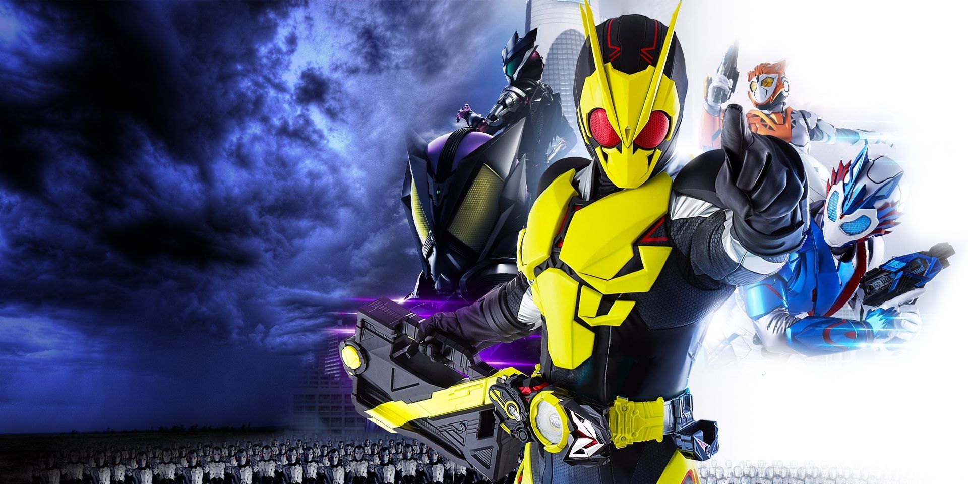 The characters of Kamen Rider Zero-One are featured in various poses ahead of a dark sky on one side and white light on another