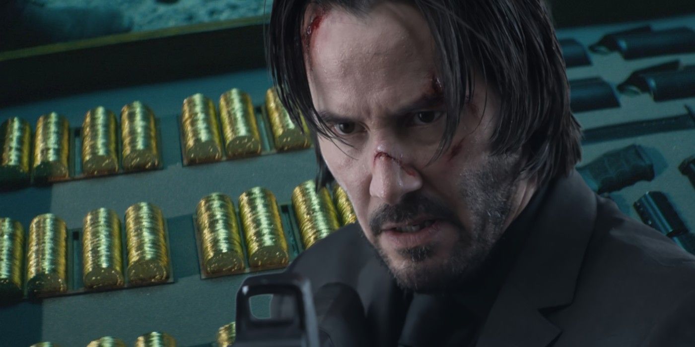 A blended image features a closeup of Keanu Reeves as John Wick with his case of gold coins and weapons as the background