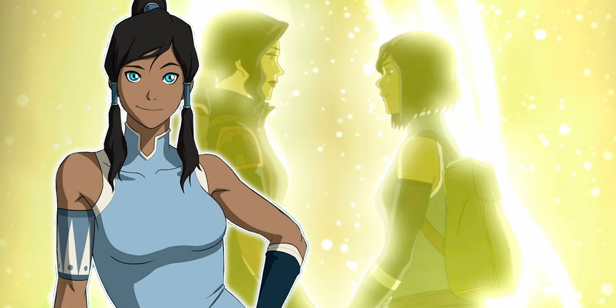 A blended image features Korra in the foreground and Asami and Korra holding hands in the spirit portal in the background for The Legend of Korra