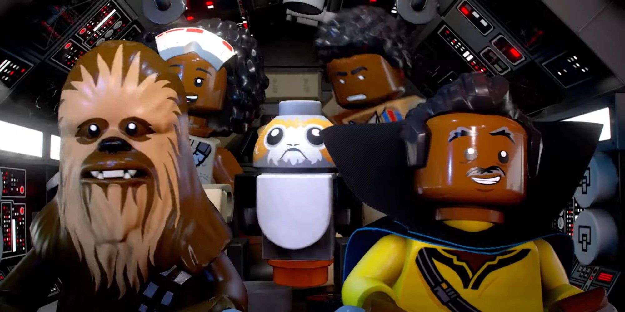 LEGO Star Wars Skywalker Saga Chewbacca Jannah Finn Porg Lando no Millennium Falcon